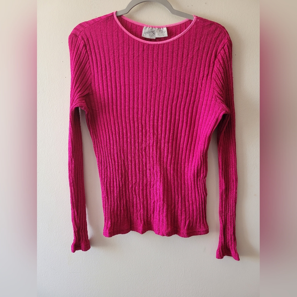 Women Pink Top Large Semi Sheer Y2K Metallic Mall Goth Ribbed Fitted Cyber Indie